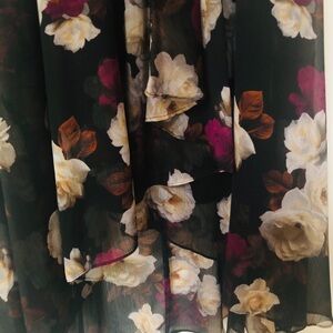 Calvin Klein Black Chiffon Midi Dress with Cream Roses and Pink Accents